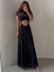Abito lungo aderente da donna alla moda, elegante abito nero da cocktail sexy e trasparente con dettagli traforati, adatto per l'estate - nero - Visualizzare 6