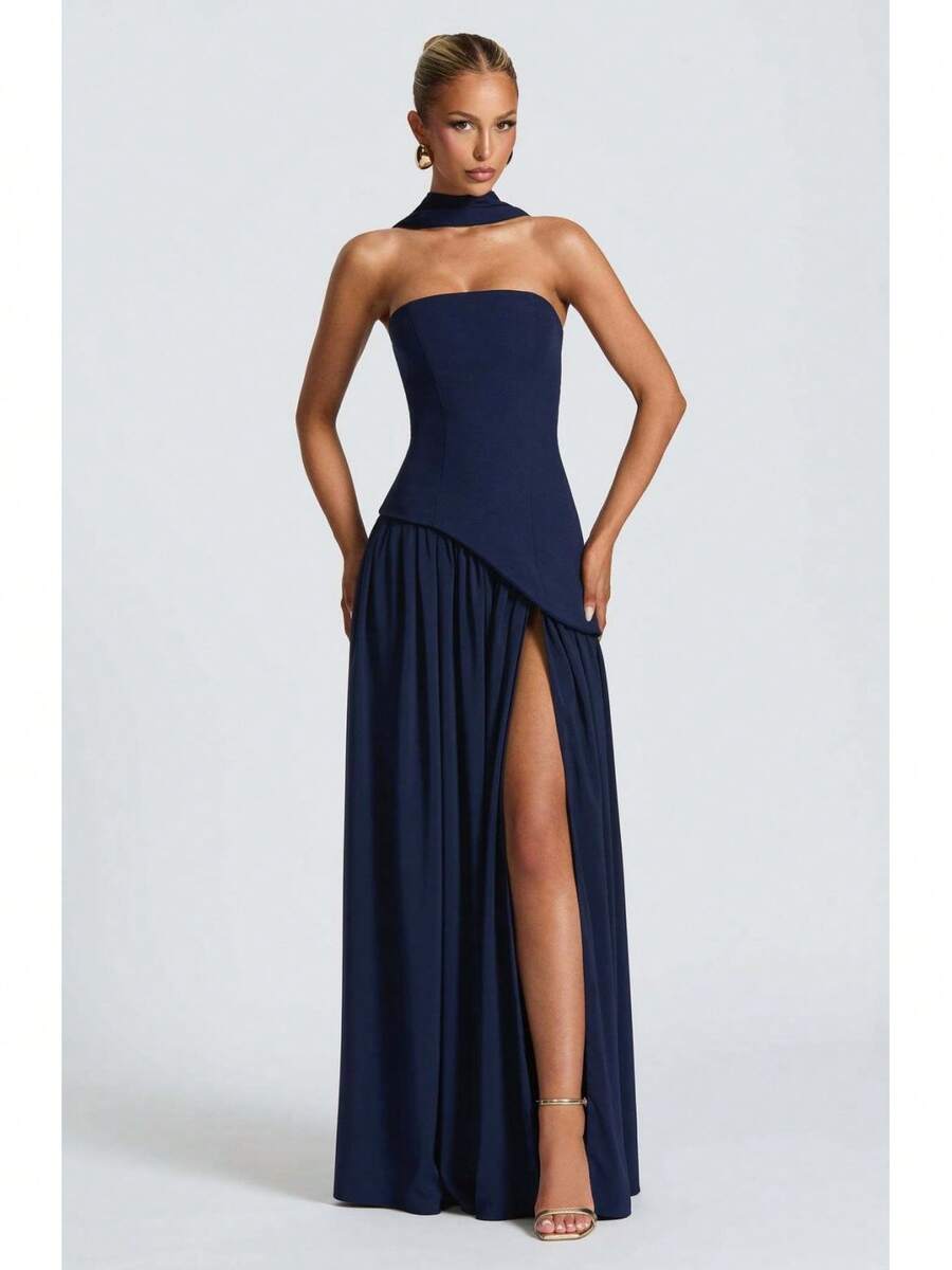 KZKZWK Colorblock Strapless High Split Maxi Dress Elegant Evening Summer Dress For Women - 深藍色 - 查看 1