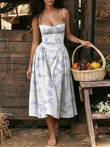2026 Spring New Women's Clothing: Cross-Border European And American Dress, Elegant French Retro Waist-Cinching Strap Dress - 紫色碎花 - 查看 7