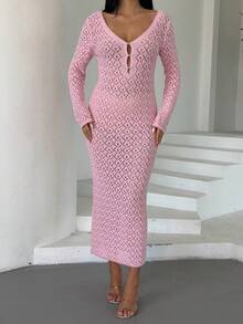 Women's Solid Color Fitted Knit Dress, Summer - Pink - View 1