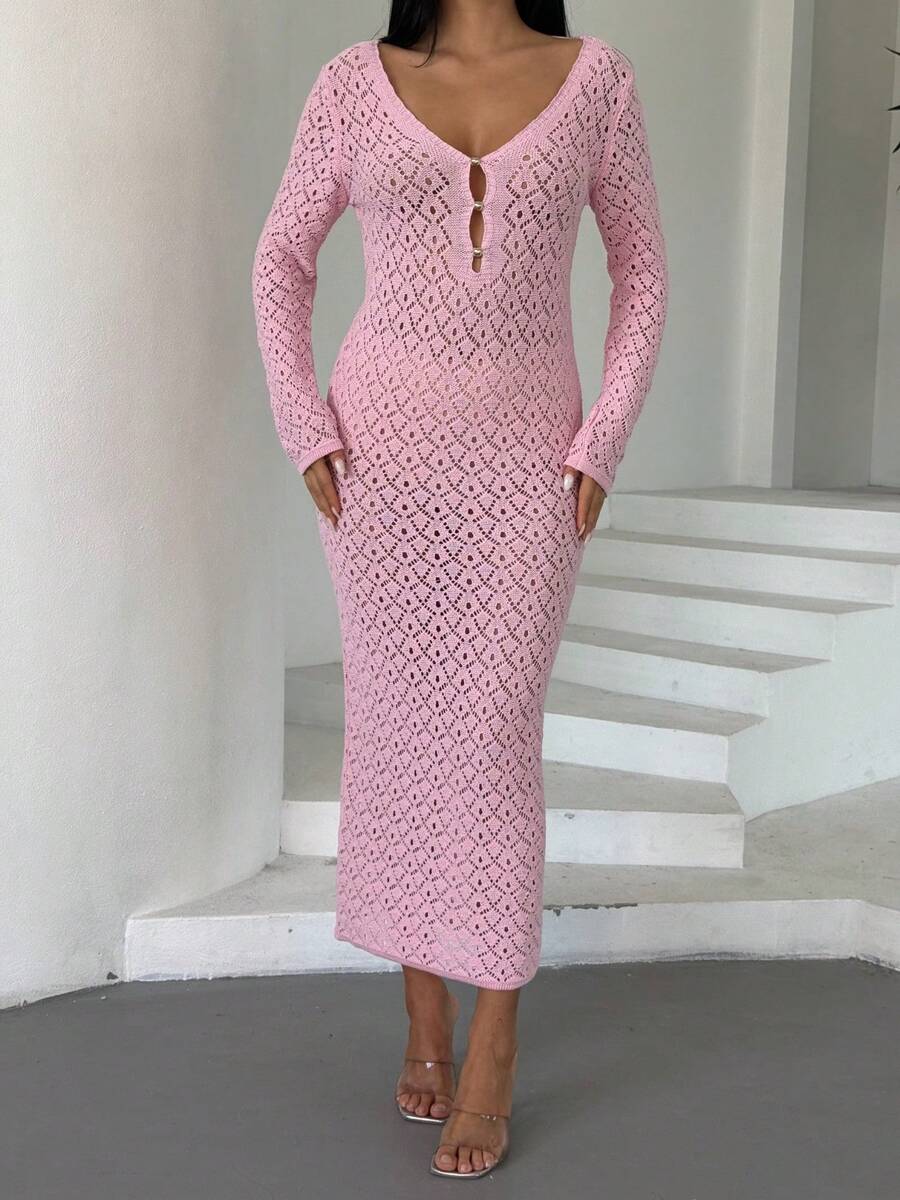Women's Solid Color Fitted Knit Dress, Summer - Pink - View 1