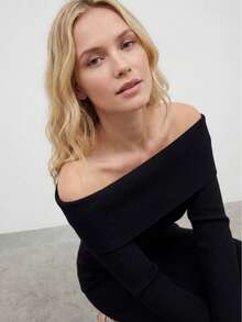 Women's Solid Color Casual Versatile Off-Shoulder Fitted Dress - Black - View 2