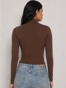 Moderna & Slim Women's Long Sleeve High Neck Blouse, Basic Second Skin Style, Extended Neck, Fitted, Comfortable For Winter - 鏽棕色 - 查看 2