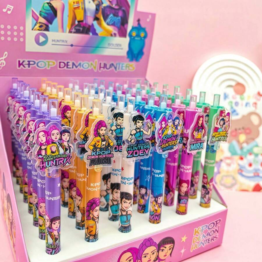 5支装韩流女团主题按动式圆珠笔,可爱卡通吊坠造型,黑色中性墨水笔,耐用学生文具,新年、情人节、复活节礼物佳选,随机款式 - 彩色 - 查看 1