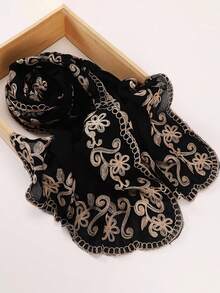 FADZOYLE 1pc Flower Paisley Embroidered Chiffon Hijab Black Muslim Women Scarf With Detailed Embroidery Soft Lightweight Shawl Wrap For Gift Daily Party Prayer Abaya Matching Accessories - Multicolor - View 5