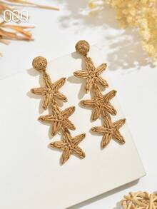 OOQ 1 Pair Summer Minimalist Mixed Color Star Pendant Tassel Earrings, Handmade Raffia Grass Earrings, Suitable For Daily, Holiday, Travel, Commute Wear (Handmade Raffia Grass Weaving, Random Direction And Shape) - Brown - View 2