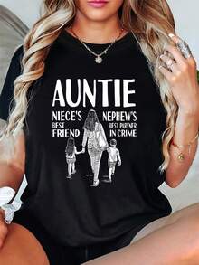 La compañía divertida de la tía y la generación más joven. Vista posterior de la tía tomada de la mano con su sobrina y su sobrino. Camiseta de mujer de talla grande con estampado, cuello redondo, estilo casual, para primavera/verano. - Negro - Ver 8