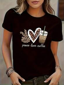 Trendy Fashion Heart Leopard Print Hand Gesture Pattern T-Shirt - Negro - Ver 2