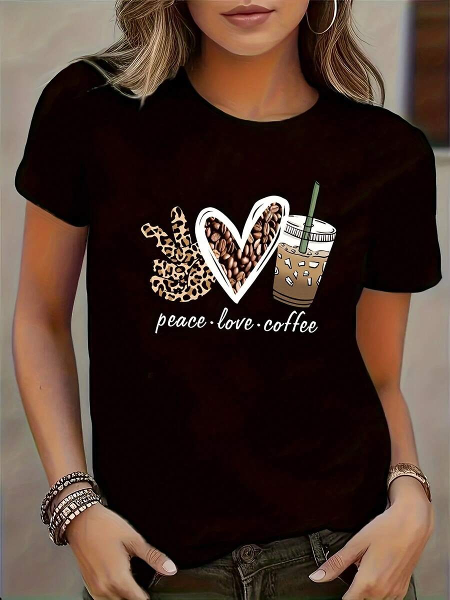 Trendy Fashion Heart Leopard Print Hand Gesture Pattern T-Shirt