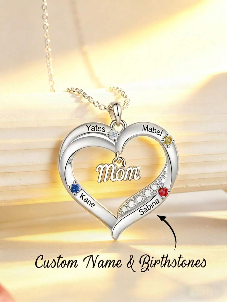 1pc Customized Birthstone Necklace, Engraved Necklace, Family Birthstone Necklace, Mother's Day Gift, Ideal Gift For Birthday, Anniversary, Christmas, Graduation Or Friends, Classmates And Family - White - View 1