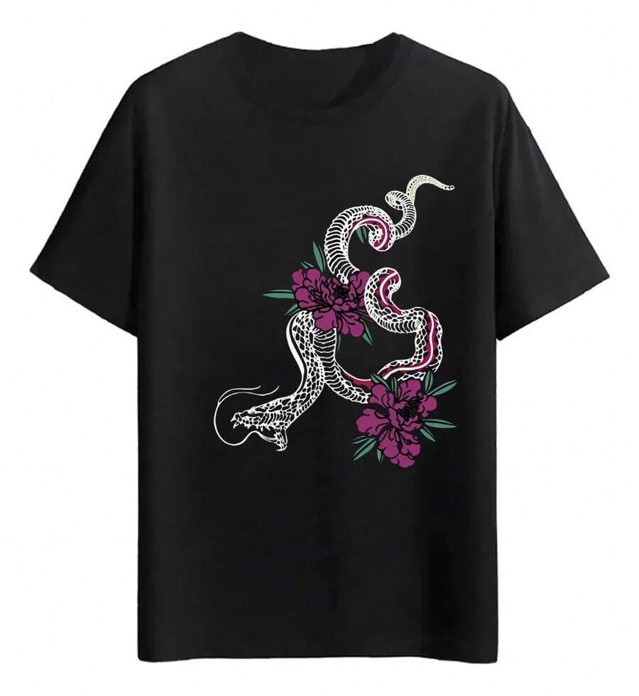 Playeras Serpiente Con Flores Moradas - Negro - Ver 1