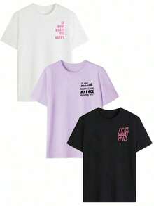 3 piezas Nuevas camisetas de manga corta de mujer con cuello redondo, de corte holgado y con diseño lindo, ideales para uso diario y vacaciones. Nuevo conjunto de verano para mujer con estampado gráfico de 3 piezas, de cuello redondo. Adecuado para el Día de San Valentín, el regreso a la escuela, el Día del Maestro y otras festividades. Camisetas casuales de manga corta, sueltas y cómodas con estampado de letras para uso diario. - Multicolor 4 - Ver 8