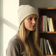 Short Checkered Wool Beanie Hat, Single Layer, Unlined - 香檳色 - 查看 1