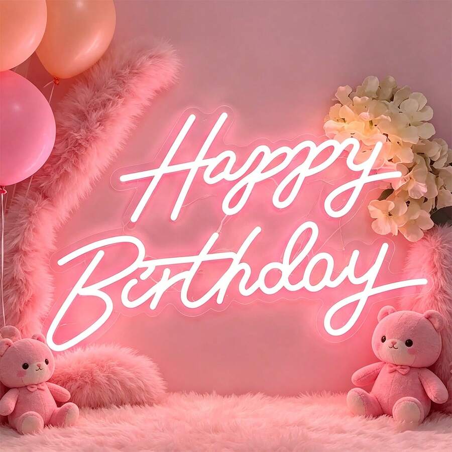 1pc Happy Birthday Neon Sign, Birthday Party Atmosphere Booster, USB Powered, Suitable For Birthday Party Decoration, Ambient Lighting, Gift For Friends - Warm Yellow Handwritten - Multicolor - View 1