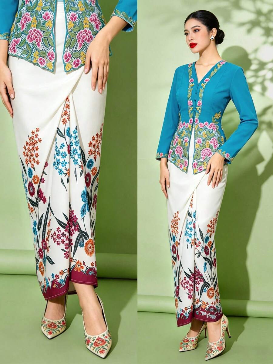 1 buah Rok Kebaya Nyonya Elegan Motif Bunga untuk Wanita, Musim Semi/Panas (Atasan Tidak Termasuk)