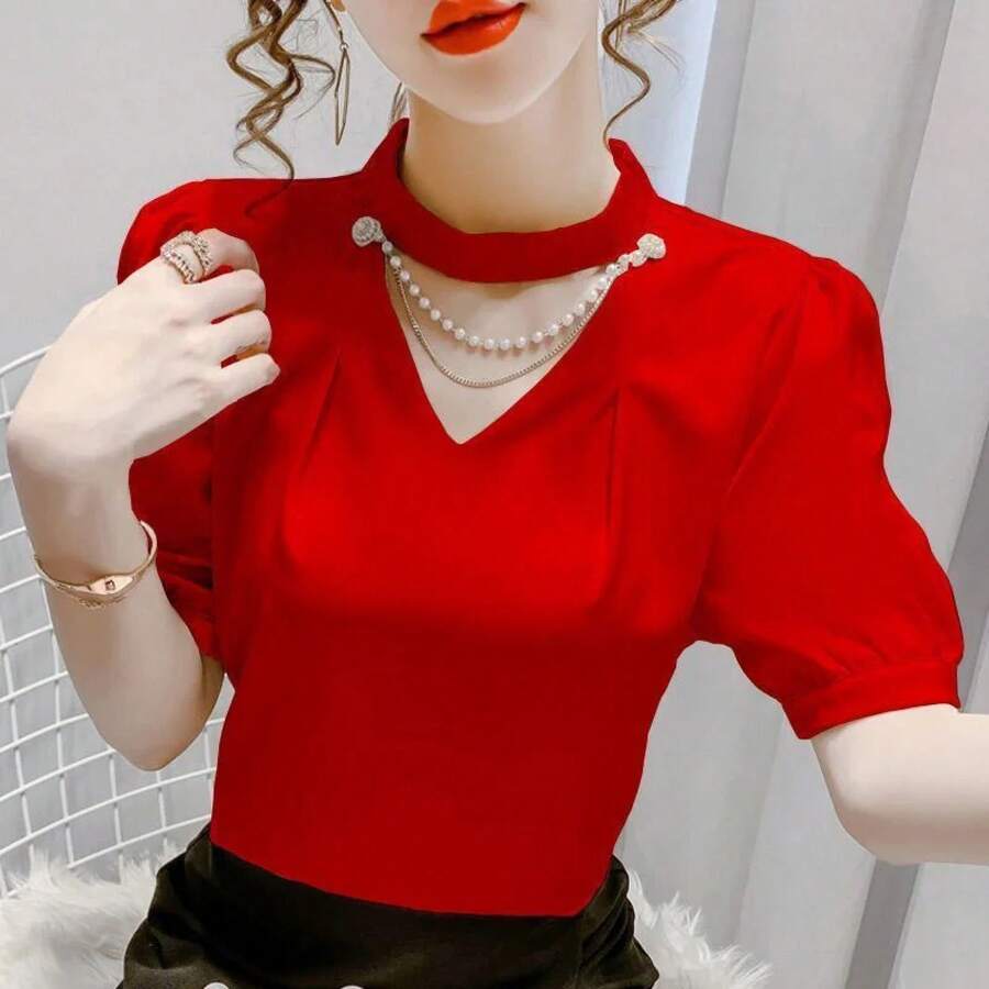 Blusas de estilo veraniego para mujer, camisas informales a la moda con mangas cortas abombadas y cuello redondo, blusas de perlas lisas, Tops WY0227 - Rojo - Ver 1