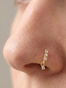 1pc 925 Sterling Silver Nose Ring, CZ Ear Cartilage Earring, Dangle Nose Piercing Jewelry - Yellow Gold - View 2