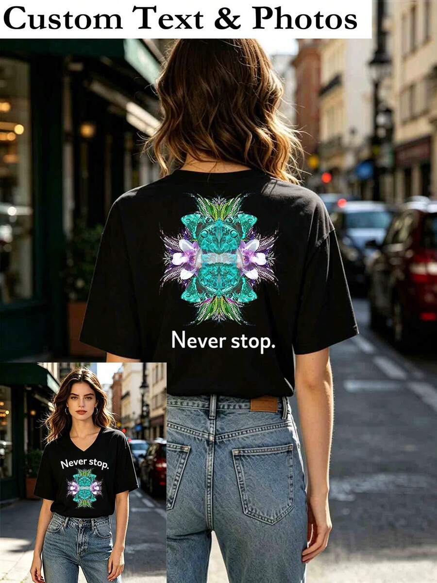 Camiseta de cuello en V para mujer, edición limitada de verano, personaliza tu diseño favorito, sube tu foto, cualquier foto puede ser, bienvenido a pedir en negro - Negro - Ver 1
