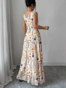 Vestido sin mangas de línea A con cuello redondo de malla floral elegante, cintura fruncida y ceñida - Cafetería - Ver 8