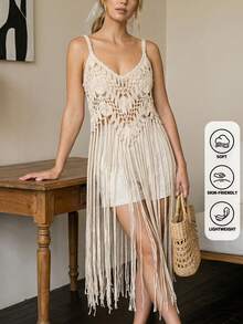 Bohemian V-Neck Tassel Sleeveless Cover Up, Suitable For Vacation And Beach - Apricot - View 1