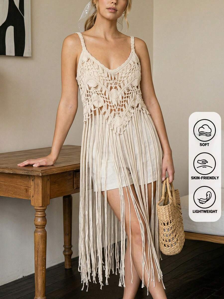 Bohemian V-Neck Tassel Sleeveless Cover Up, Suitable For Vacation And Beach - Apricot - View 1