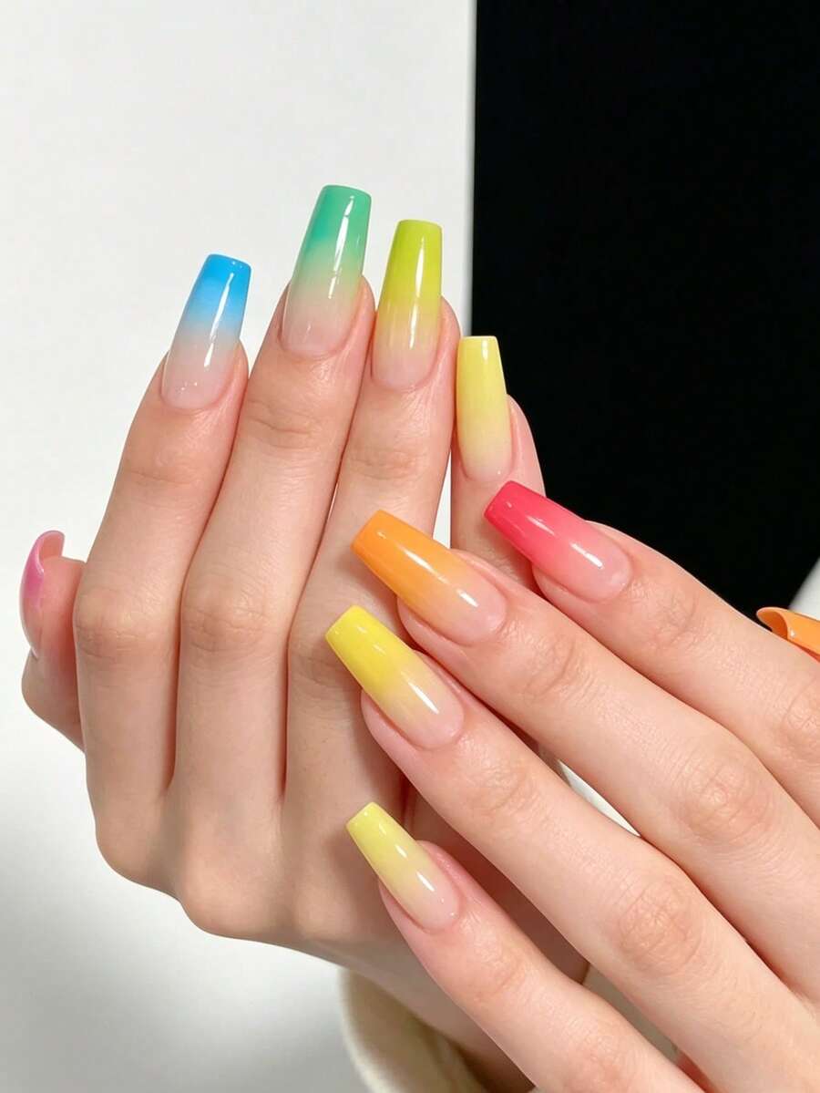 24pcs Classic Elegant Colorful Tie Dye Gradient Glossy Acrylic Nails, Fashionable & Versatile For Dates, Parties, Spring/Summer, Autumn/Winter Daily Wear, Removable Press-On Nails Set With Jelly Gel And File Included, Random Jelly Gel Color - Multicolor - View 1