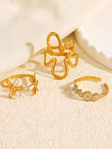 3pcs 18K Gold Plated Stainless Steel Non-Fading Geometric, Floral, Egg-Shaped Adjustable Waterproof Rings Set, Elegant Fashion Accessories For Women, Suitable For Daily, Beach, Party, Date Wear, Gift - Multicolor - View 8
