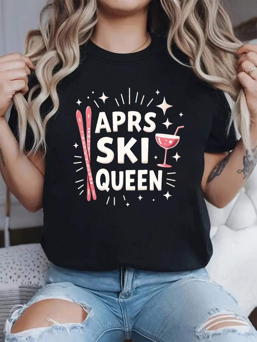 Camiseta de mujer Après Ski Queen - Letras de esquí y ascensor (compatible con temas de estaciones de esquí) - Camiseta de manga corta cuello de tripulación primavera / verano para trajes de estaciones de esquí, ropa de esquí, ropa casual - Ropa de esquí lavable en máquina