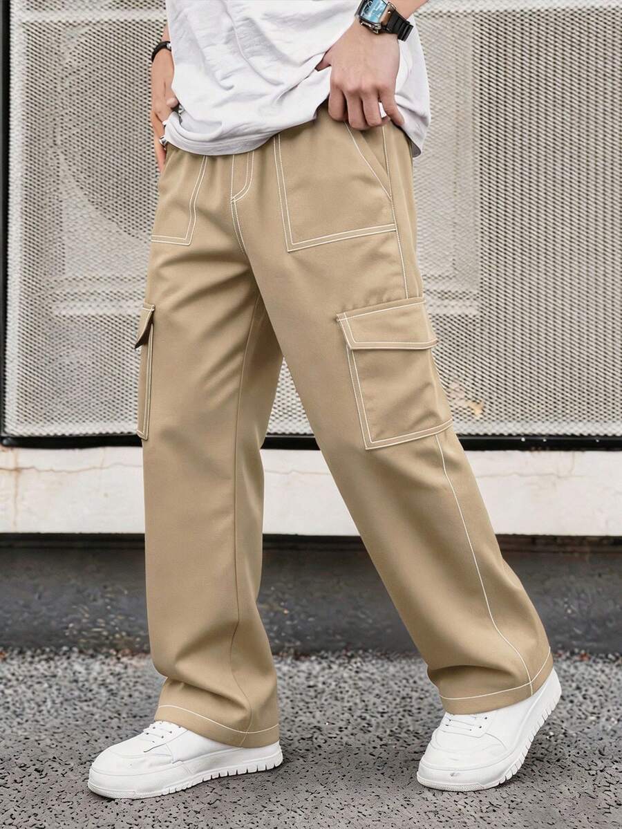 1pc Teen Boys Vintage Minimalist Cargo Pants, Suitable For Workout, Outdoor, Spring & Autumn - Khaki - View 1