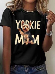Camiseta gráfica de la mujer YORKIE MOM - lindo Yorkie perro impresión de manga corta cuello de la tripulación superior, transpirable tela de estiramiento medio, camiseta casual lavable en máquina para el verano y la primavera, camiseta de perro, traje casual, camiseta de ajuste relajado, ropa casual duradera, tela cómoda - Negro - Ver 2