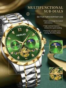1pc Men's Stainless Steel Band Fashionable Moon Phase Multi-Function Quartz Wristwatch, Korean Style - A - View 5
