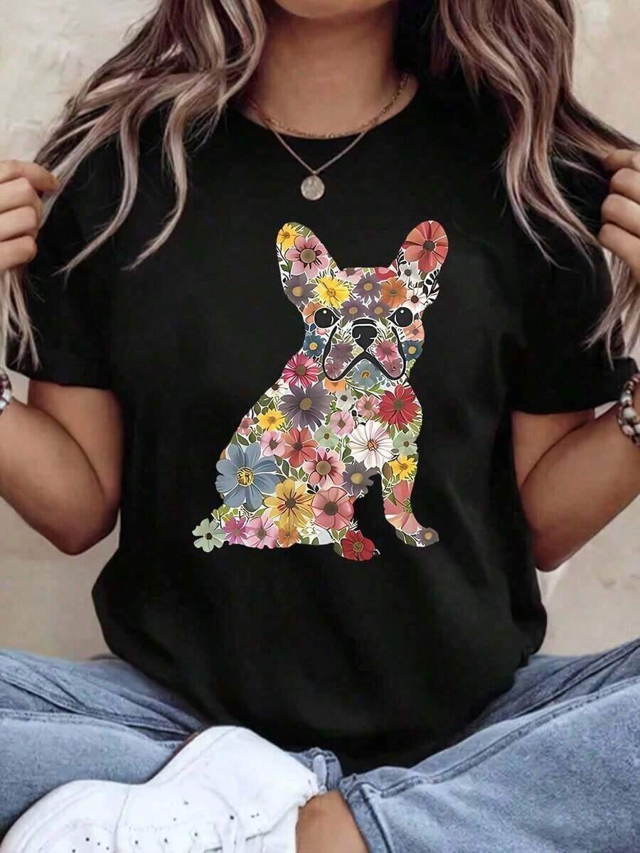 Gift 1 Piece Women's Floral Print T-Shirt - Short Sleeve, Round Neck, Casual Summer Top, Breathable, Machine Washable, Stylish For Parties And Everyday Wear, 180g T-Shirt, 100% Soft Cotton - 黑色 - 查看 1