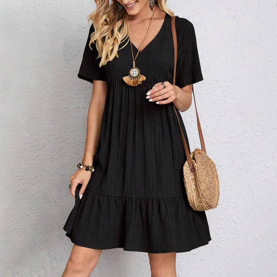 Vestido liso de verano para mujer, informal, bohemio, con cuello en V, manga corta, volantes, suelto, línea A, Mini vestido elegante para fiesta en la playa, Vestidos de calle - Negro - Ver 1