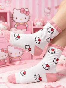SANRIO 5 đôi tất nữ họa tiết mèo kẻ sọc dễ thương và thoải mái, dài đến bắp chân, đa năng cho mùa xuân/hè. - Nhiều màu - Xem 3