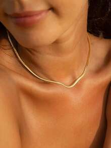 VJS 18K Gold Plated 304 Stainless Steel Fish Bone Chain Necklace For Women, Waterproof Flat Snake Chain Choker, Minimalist Daily Wear Jewelry Gift - Gold - View 4