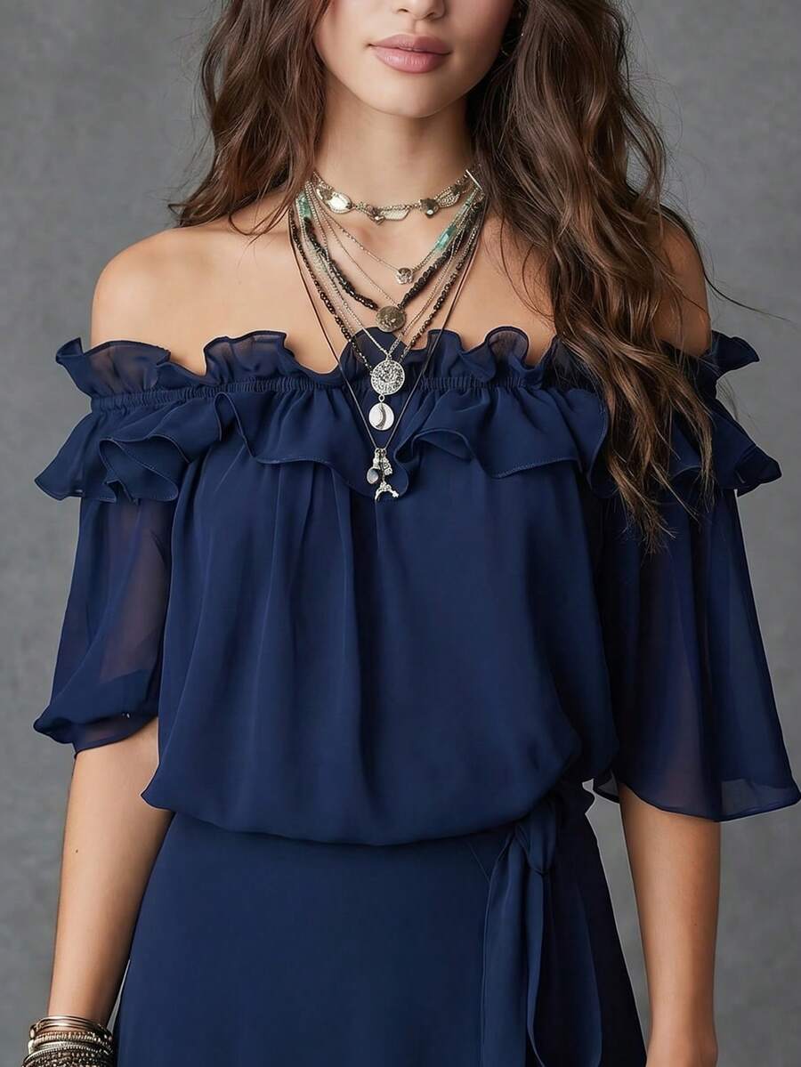 1 chiếc áo kiểu nữ màu trơn bằng vải chiffon tay phồng trễ vai với viền bèo nhún, thích hợp cho kỳ nghỉ, đi biển, hẹn hò buổi tối, mặc hàng ngày, mùa xuân/hè.