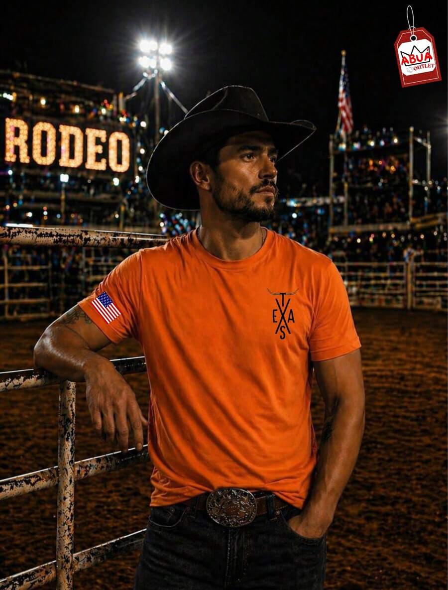 Camisa T-Shirt Masculina Camiseta rodeio texas x bandeira Algodão Street Wear - Laranja - Visão 1