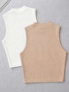 Women's 2 PACKS Ribbed Knit Crop Tank Tops, Crew Neck Slim Fit Casual Basic - White - View 2