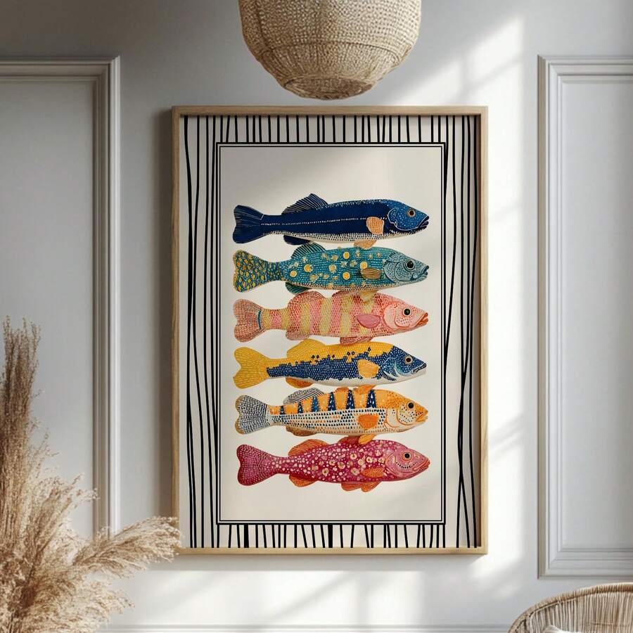 1幅色彩鲜艳的鱼类墙画，波西米亚抽象海洋生物印花帆布画，航海海岸海报，农舍乡村风格装饰，适用于浴室、卧室、客厅墙面装饰，可选无框、有框或木质挂轴。 - 圖案 - 查看 1