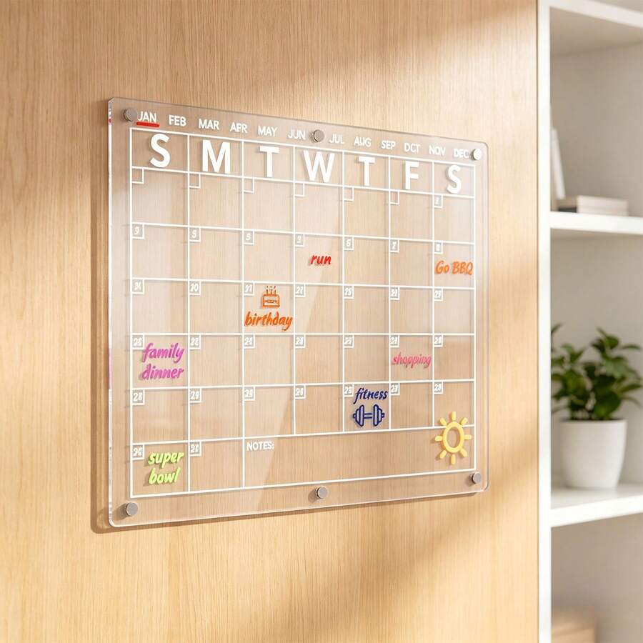 Clear Acrylic Dry Erase Calendar Board For Fridge, Monthly Planner Whiteboard Refrigerator Organizer For Home Kitchen & Office Schedule, W/ 8 Color Markers, 15.2"X11.2"