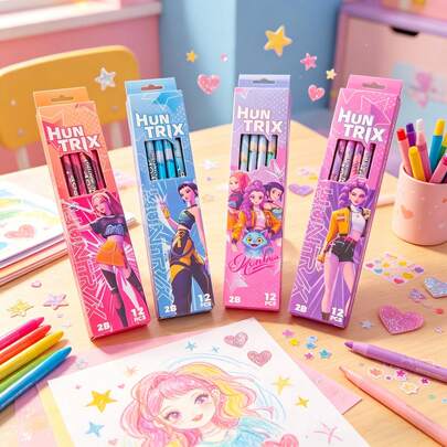 Hasbro 12-delars set med K-POP tjejgruppfärgpennor, INS K-POP-brevpapper, Mira-serien, skiss- och färgpennor, perfekt present till fans och vänner, söt skrivbordsdekor, viktig för lärande, studentmaterial, lämplig för daglig användning, klassrumsbelöningar och tillbaka till skolan