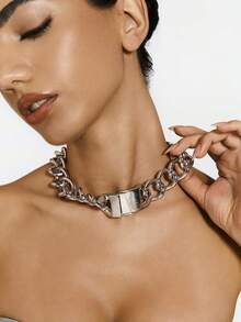Kryxie 1 Buah Kalung Choker Rantai Curb Tebal Warna Emas untuk Wanita, Choker Manset dengan Gesper Magnetik - Perak - View 6