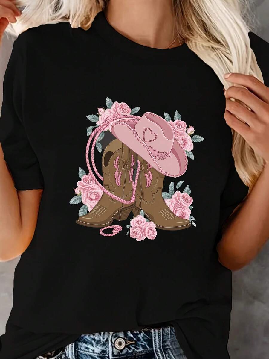 Women's Printed T-Shirt Comfortable Fashion Casual Short Sleeve Round Neck Daily Wear Top - 黑色 - 查看 1