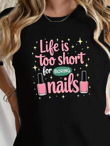 Women'S Life Is Too Short For Boring Nails Graphic T-Shirt | Black Retro Design With Pink & Golden Lettering, High Elasticity Loose Fit, Short Sleeve, Round Neck, Pure 220G, Vintage Style, All Season - 黑色 - 查看 1