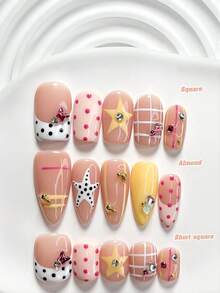 10Pcs Sweet And Edgy Style Handmade Press On Nail,Polygel Nail Set,Butterfly Diamond,Blue Bubble Beads,Pink And White Nail Polish,Sweet Style,Includes Nail Tools,3 Sizes Available,Square,Short Square,Almond,Nails For Party,Dance,Daily Wear. - 彩色 - 查看 1