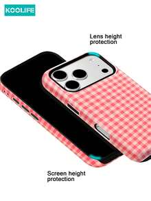 Koolife 1pc Pink & White Gingham Phone Case, 2-In-1 Phone Case, PC+TPU Material, Glossy Hard Shell, Classic Checkerboard Print Anti-Scratch Shockproof Cover, Compatible With Apple 17/17pro/17promax/17Air/16/15/14/13/12/11/7/8/7plus/8plus/XR/X/XS/XS MAX - Pink and White Checkered - View 5