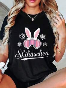 Alemania esquí lebres 'esquí conejos' copo de nieve invierno elemento carta impresión mujer cuello redondo primavera verano camiseta - Negro - Ver 1