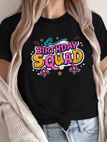 Camiseta de impresión del escuadrón de cumpleaños, camiseta de cuello de tripulación de manga corta casual para primavera y verano, ropa de mujer - Negro - Ver 2