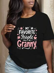 Women'S Plus Size 'My Favorite People Call Me Granny' Graphic Tee Casual Short Sleeve TShirt with Pink Floral Design, Black Polyester, Machine Washable, Everyday Tshirt Floral Casual Shirt Polyeste - Negro - Ver 2