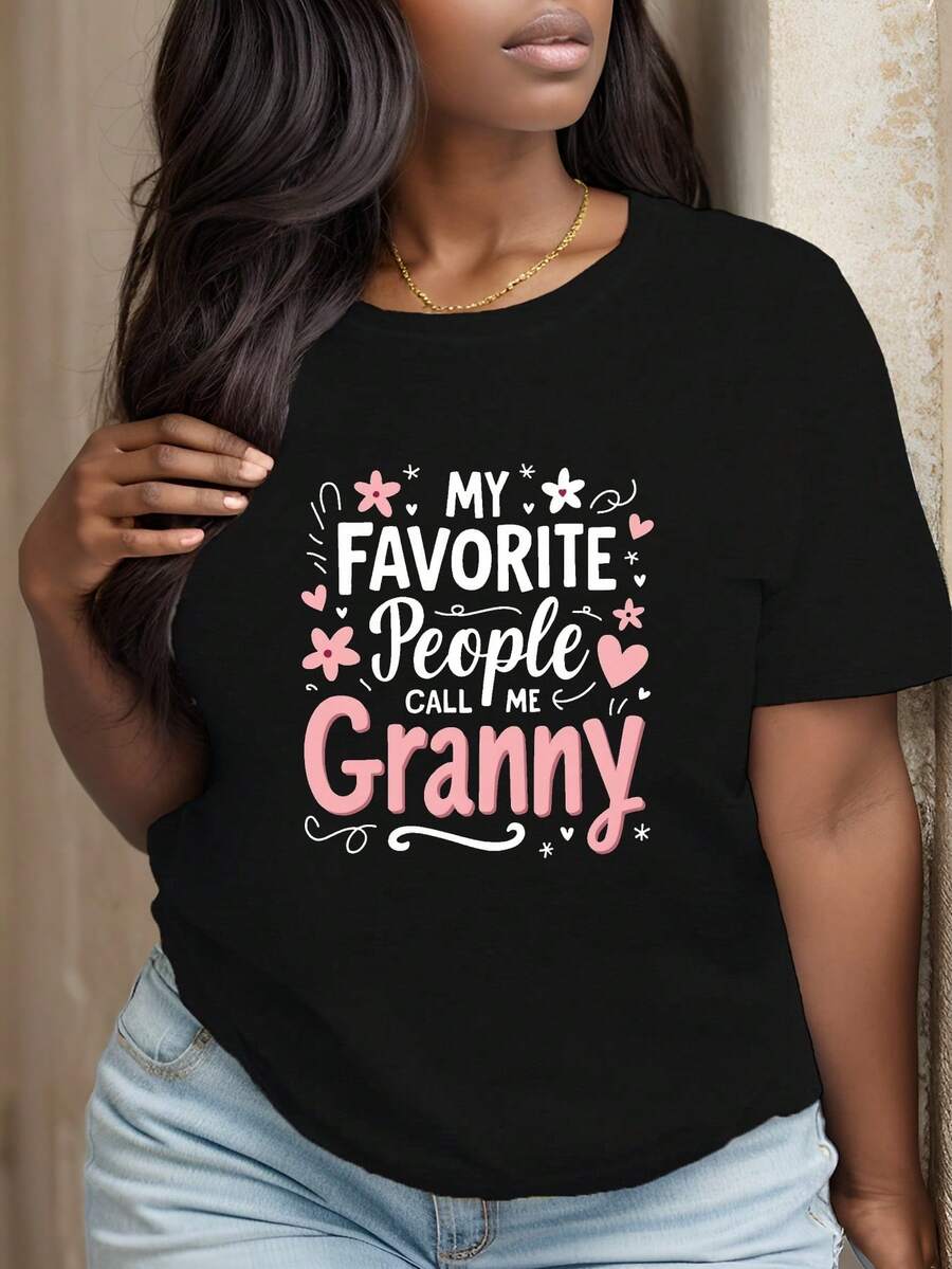 Women'S Plus Size 'My Favorite People Call Me Granny' Graphic Tee Casual Short Sleeve TShirt with Pink Floral Design, Black Polyester, Machine Washable, Everyday Tshirt Floral Casual Shirt Polyeste